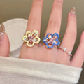 Open Enamel Flower Pink Crystal Rings Silver 2 Colors view 1