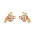 Gold Tone Pink Planet Bow And Clear Stone Stud Earrings view 5