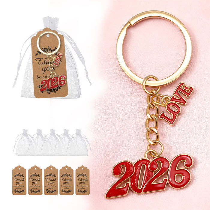 Gold Tone Red Numeral and Love Charm Keychain and Attached Hardware