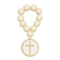 Cream Wood Bead Round Cross Disc Pendant Prayer Bracelet view 5