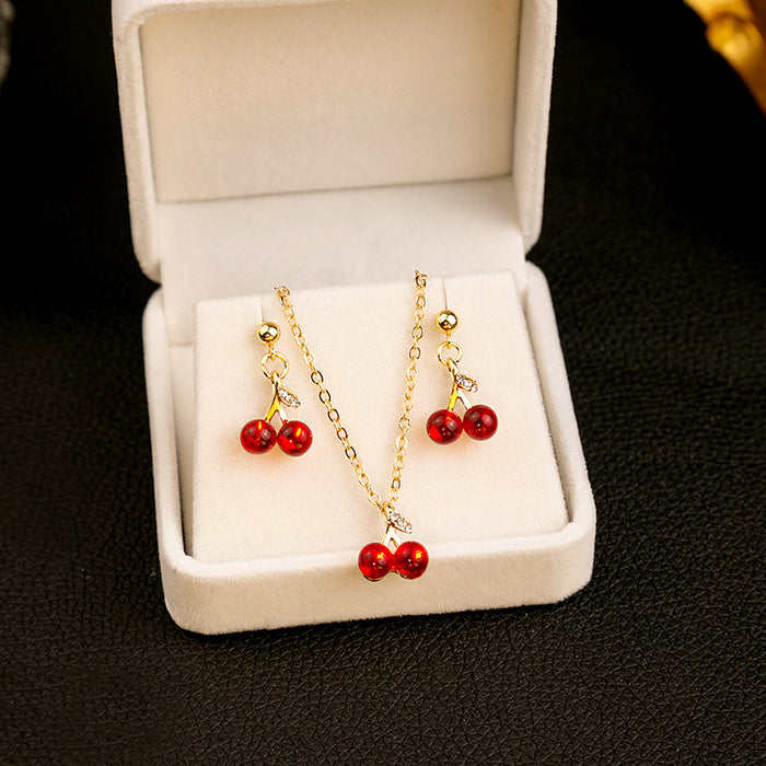 Red Cherry Gold Tone Necklace and Earring Jewelry Set