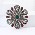 Openwork Crystal Flower Brooch Black Red Green Center Pin view 2