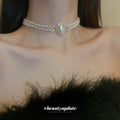 Double Strand Pearl Choker Oval Pearl Crystal Halo Center view 3