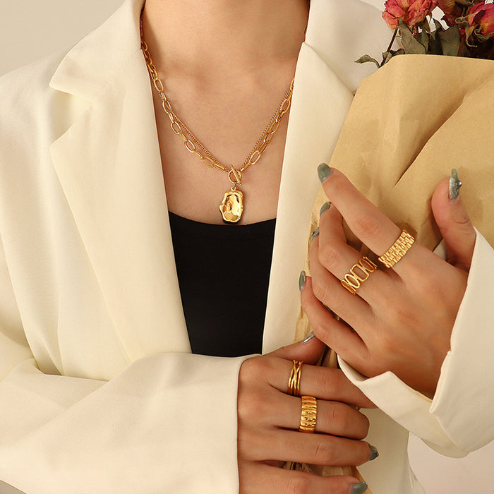 Gold Dual Layer Paperclip Chain Irregular Pendant Necklace