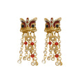 Lion Head Coin Fringe Earrings With Red Crystal Details view 5