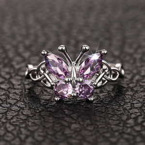 Purple Butterfly Stone Celtic Knot Ring In Silver Tone