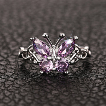 Purple Butterfly Stone Celtic Knot Ring In Silver Tone