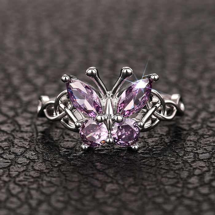 Purple Butterfly Stone Celtic Knot Ring In Silver Tone