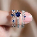 Deep Blue Oval Stone Ornate Three-Ring Set In Silver Tone view 3