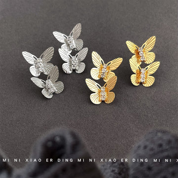 Layered Double Butterfly Earrings Crystal Bodies Two Tones