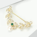 Gold Leaf Arc Brooch Green Stone Pearl Drop Metal Pin Brooch view 3