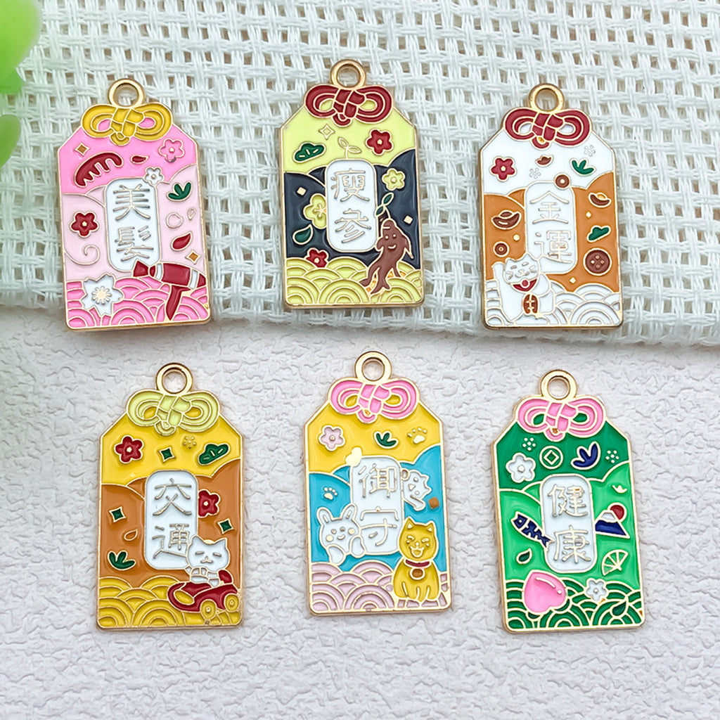K Gold Zinc Alloy Japanese Fortune Plaque Enamel Charm Pendant for DIY Earrings Keychain