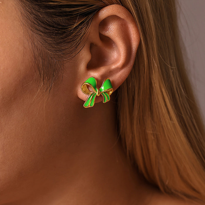 Gold Bow Enamel Stud Earrings Purple Green Blue Finishes