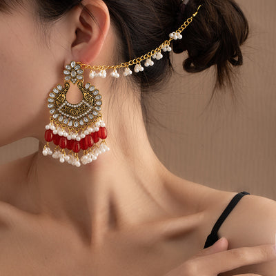 Primary supplied view of green beaded jhumka ear-chain earrings