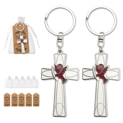 Packaging overview shows the outline cross and red rose keychain with an organza bag and kraft tags.