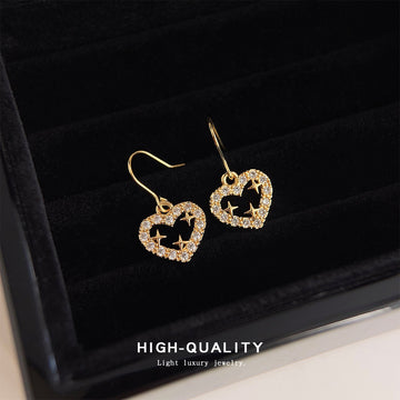 Gold-Tone Crystal Pavé Open Heart Star Hook Earrings Pair