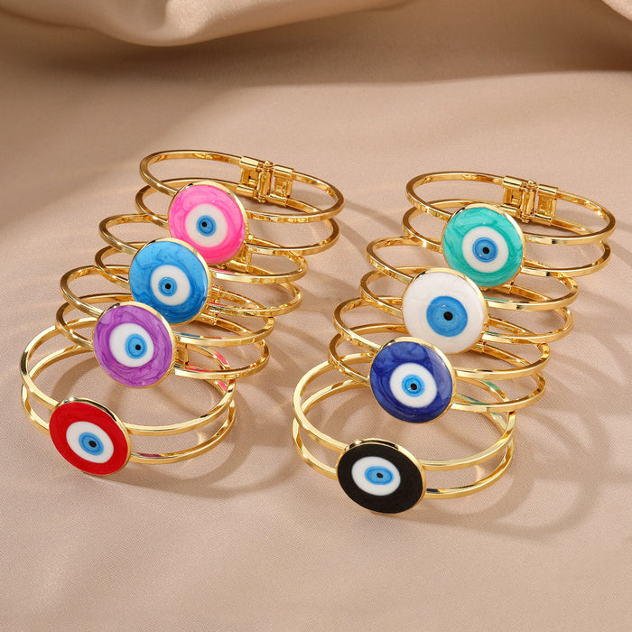 Gold Tone Round Glass Evil Eye Hinged Cuff Bracelets in Eight Colors