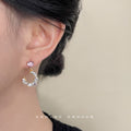 Gold Pink Heart Stud Crescent Clear Crystal Drop Earrings view 2