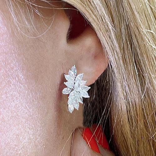 Silver Tone Marquise Stone Leaf Cluster Stud Earrings shown in styled view