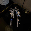 Silver Flower Crystal Long Tassel Statement Earrings view 1