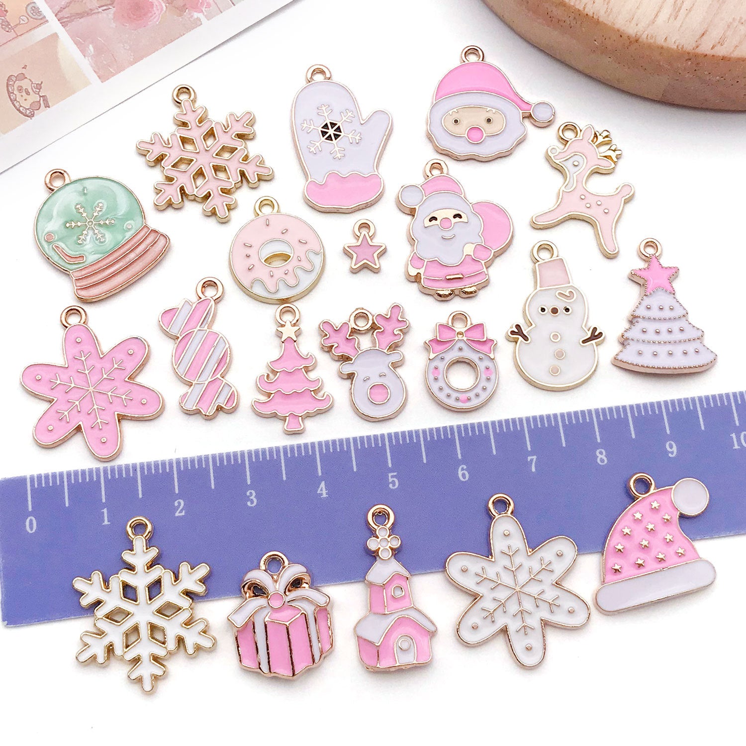 Glass Pink White Enamel Santa Claus Snowflake Gift Box Charm Pendant for DIY Bracelet Jewelry