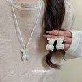 Iridescent Resin Bear Necklace Earrings White Cord Set view 3