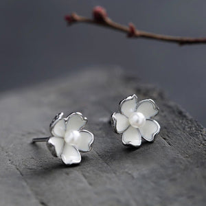 Silver Tone White Enamel Pearl Cherry Blossom Stud Earrings