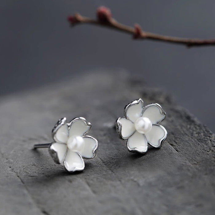 Silver Tone White Enamel Pearl Cherry Blossom Stud Earrings