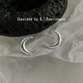 Silver Tone Polished Double Ridge Crescent Moon Stud Earrings view 1