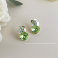 Gold Tone Aqua Flower Green Round Stone Drop Stud Earrings view 1
