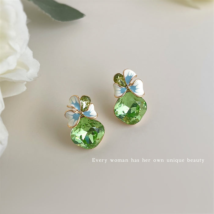 Gold Tone Aqua Flower Green Round Stone Drop Stud Earrings