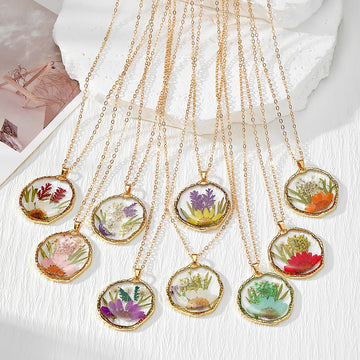 Round Dried Flower Resin Pendant Necklaces Gold Chain 9 Colors