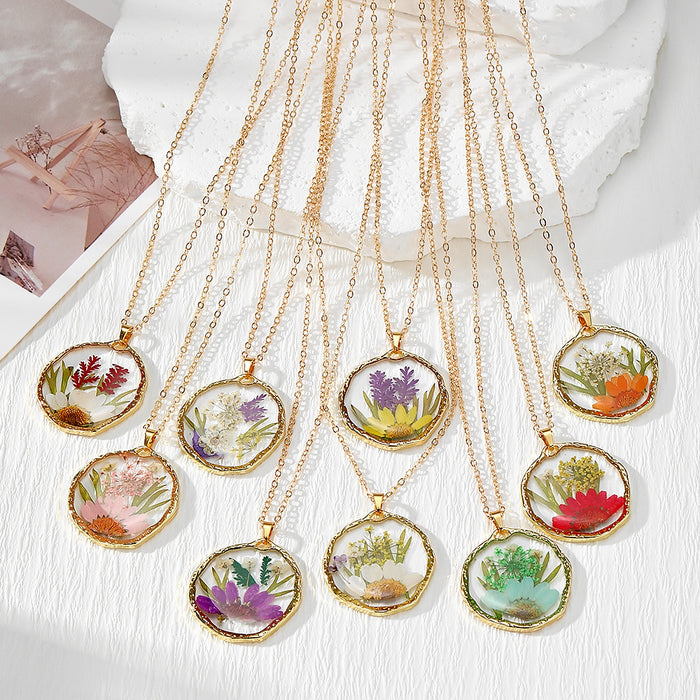 Round Dried Flower Resin Pendant Necklaces Gold Chain 9 Colors