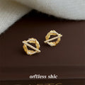Gold Twisted Wheat Circle Crystal Bar Stud Earrings view 1