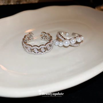 Silver Tone Pearl Like And Crystal Crossover Open Ring