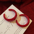 Glossy Red Wide Open Hoop Stud Earrings With Metal Details view 2