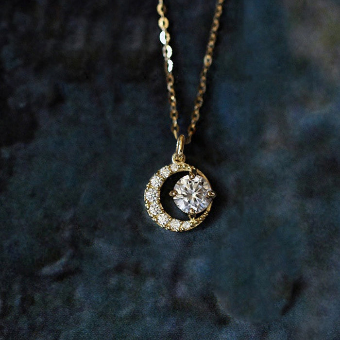 Gold Tone Crescent Moon Clear CZ Pendant Necklace Chain