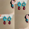 Turquoise Blue Flower and Red Teardrop Dangle Earrings view 1