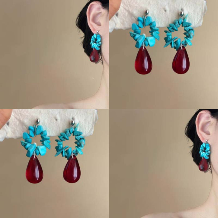 Turquoise Blue Flower and Red Teardrop Dangle Earrings