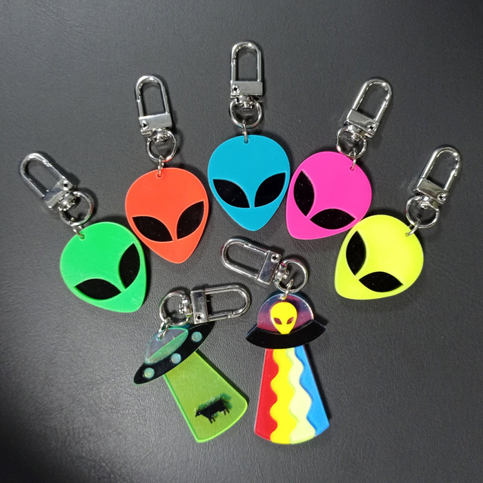 Neon Alien Head and UFO Acrylic Clip Keychains in Seven Designs