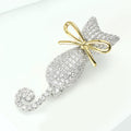 Clear Crystal Cat Silhouette Brooch With Gold Tone Bow view 2