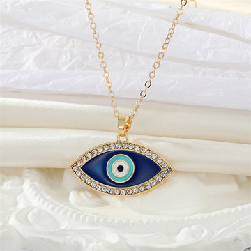 Gold Tone Crystal Halo Navy Evil Eye Pendant Necklace
