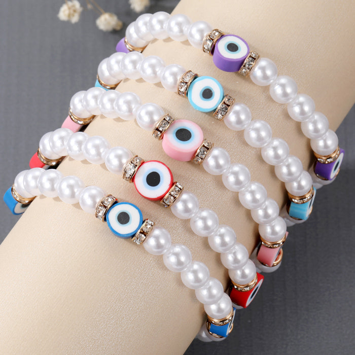 Faux Pearl Crystal Spacer Evil Eye Stretch Bracelets in Five Colors