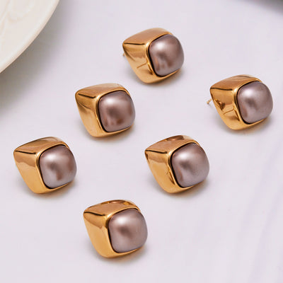 Display view of gray domed square stud earrings in main image 1.