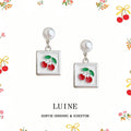 Silver Pearl Cherry Square Enamel Drop Earrings Pair view 1