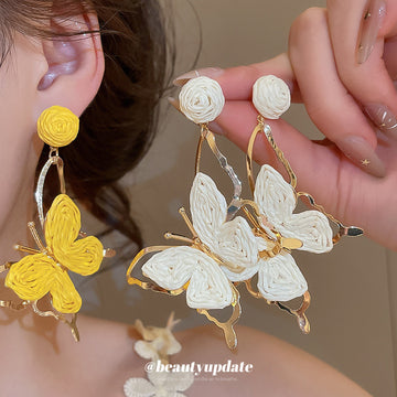 Layered Butterfly Drop Earrings in Yellow and White
