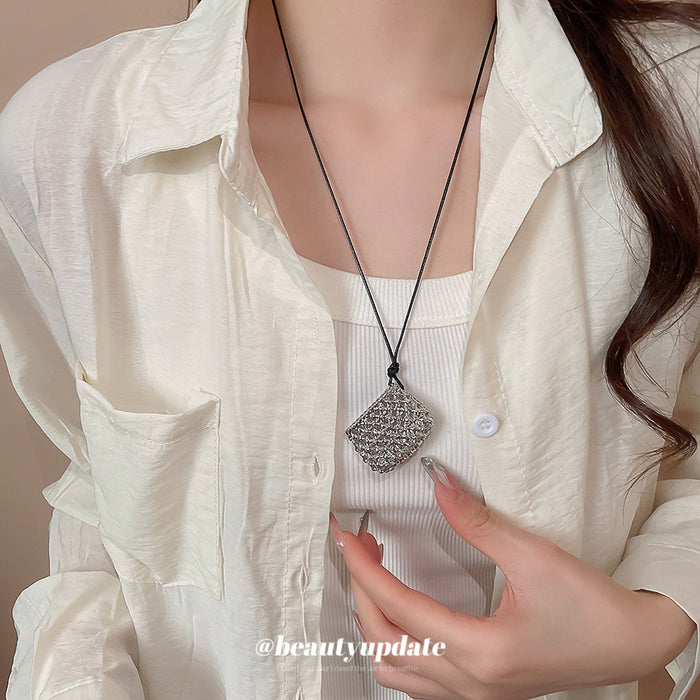 Black Cord Silver Mesh Bag Pendant Necklace Hollow Openwork