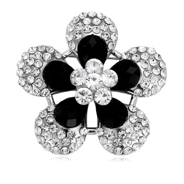 Black White Flower Crystal Metal Brooch Pin 4.9 x 5 cm