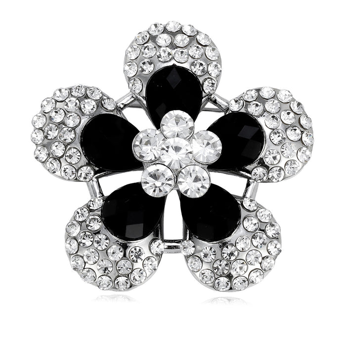 Black White Flower Crystal Metal Brooch Pin 4.9 x 5 cm