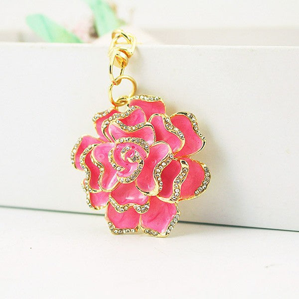 Rhinestone Double Rose Flower Keychain Bag Charm